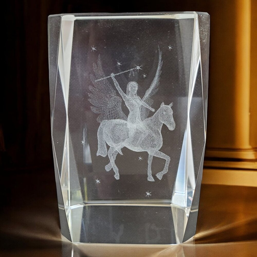 Winged Pegasus Horse Paperweight Goddess Bellerophon Glass Laser Etched 3"